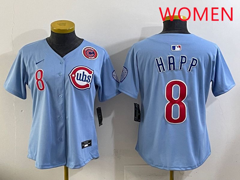 Women 2025 Chicago Cubs #8 Happ Light Blue Throwback Game Nike MLB Jersey style 3->women mlb jersey->Women Jersey